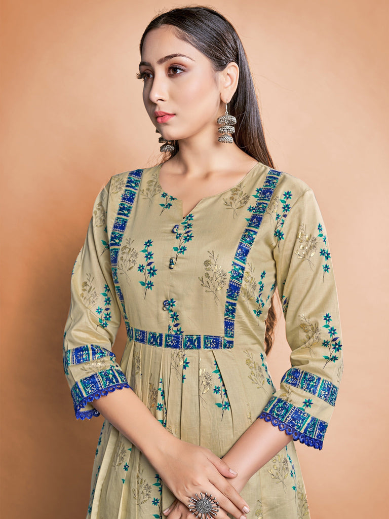 Beige Color Printed Cotton Kurti With Pant For Women