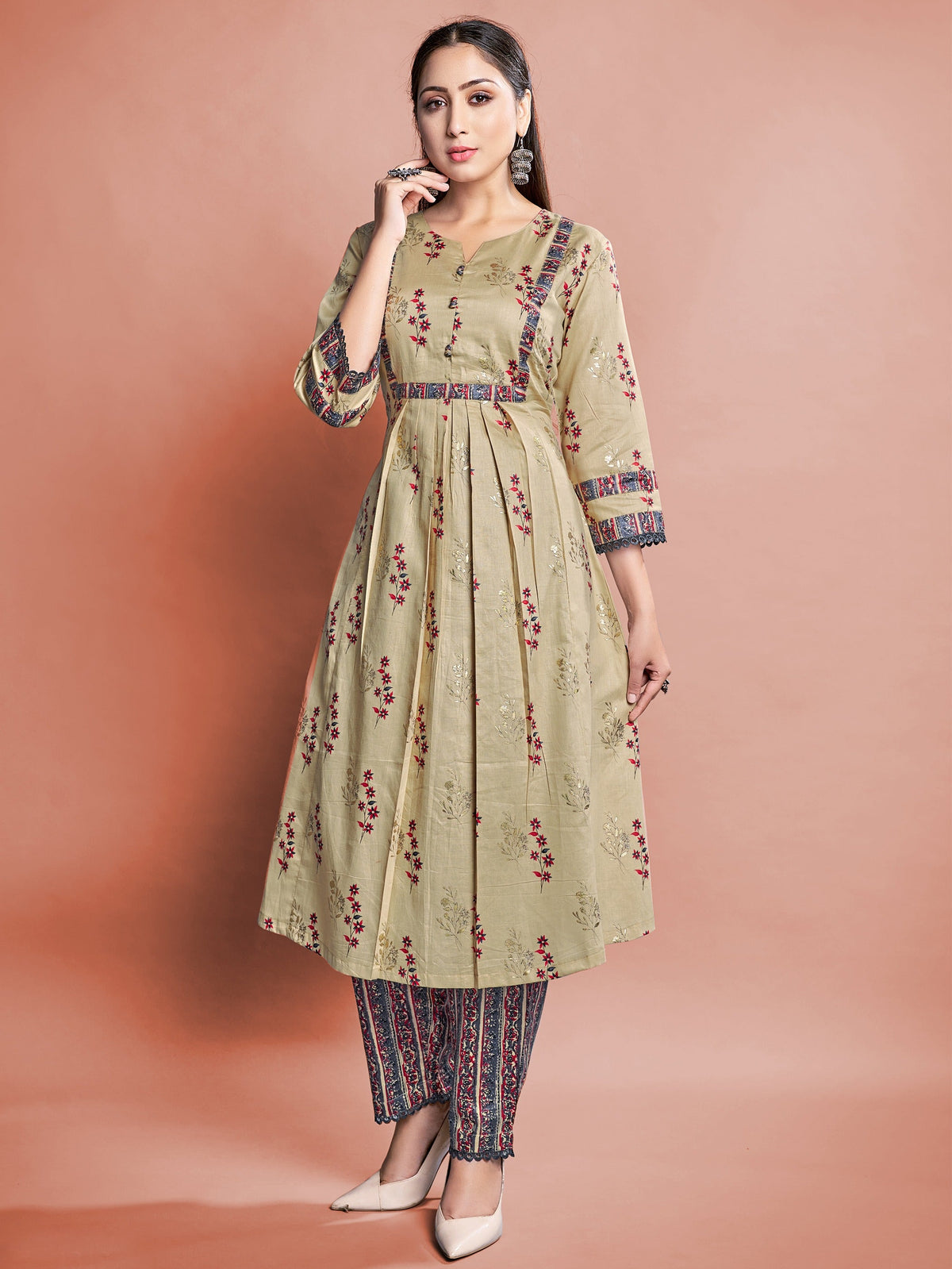 Beige Printed Cotton Kurti With Pant