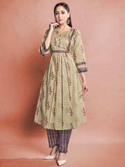 Mustard Color Printed Cotton Kurti With Pant For Women