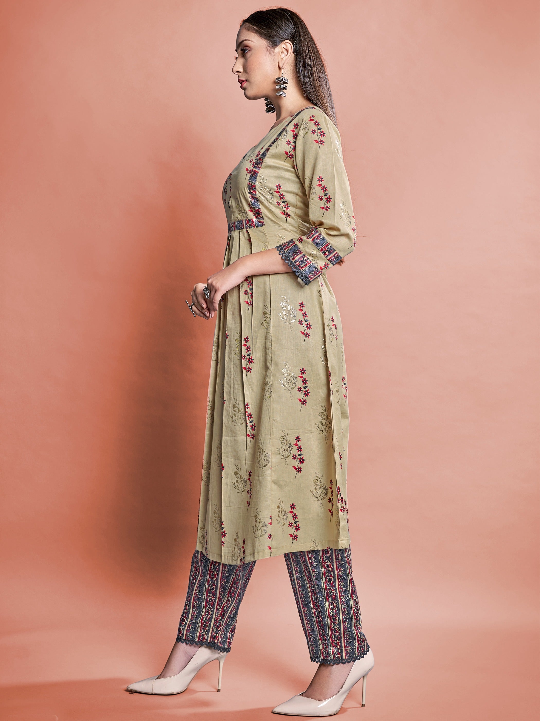 Mustard Color Printed Cotton Kurti With Pant For Women