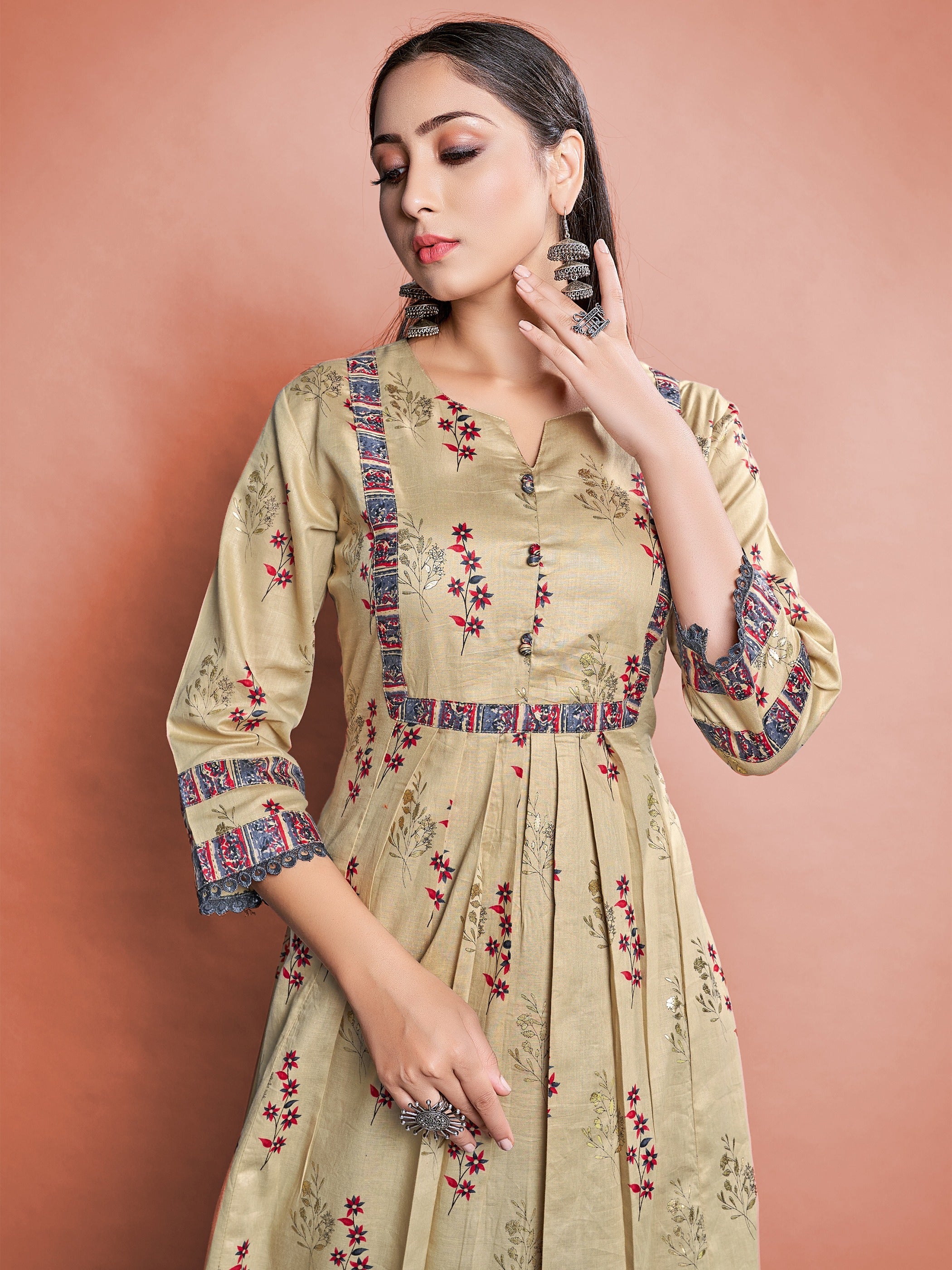 Mustard Color Printed Cotton Kurti With Pant For Women