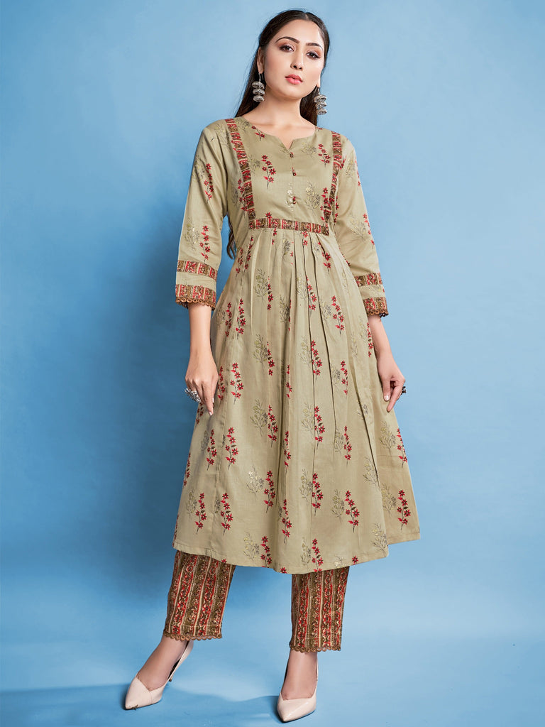 Navy Blue Color Printed Cotton Kurti With Pant For Women