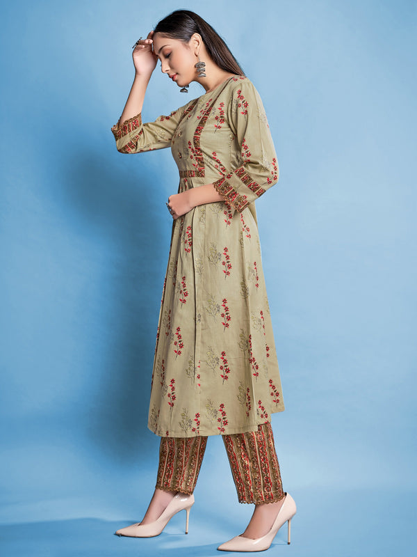 Navy Blue Color Printed Cotton Kurti With Pant For Women