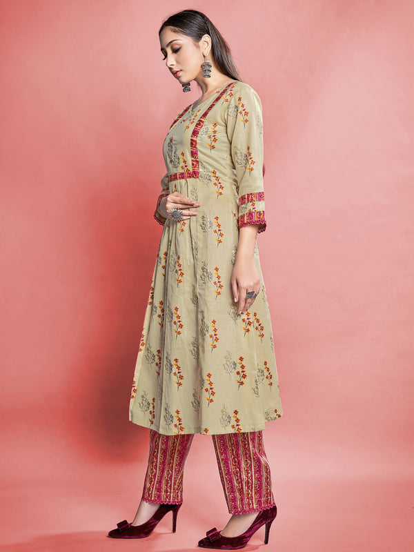 Red Color Printed Cotton Kurti With Pant For Women