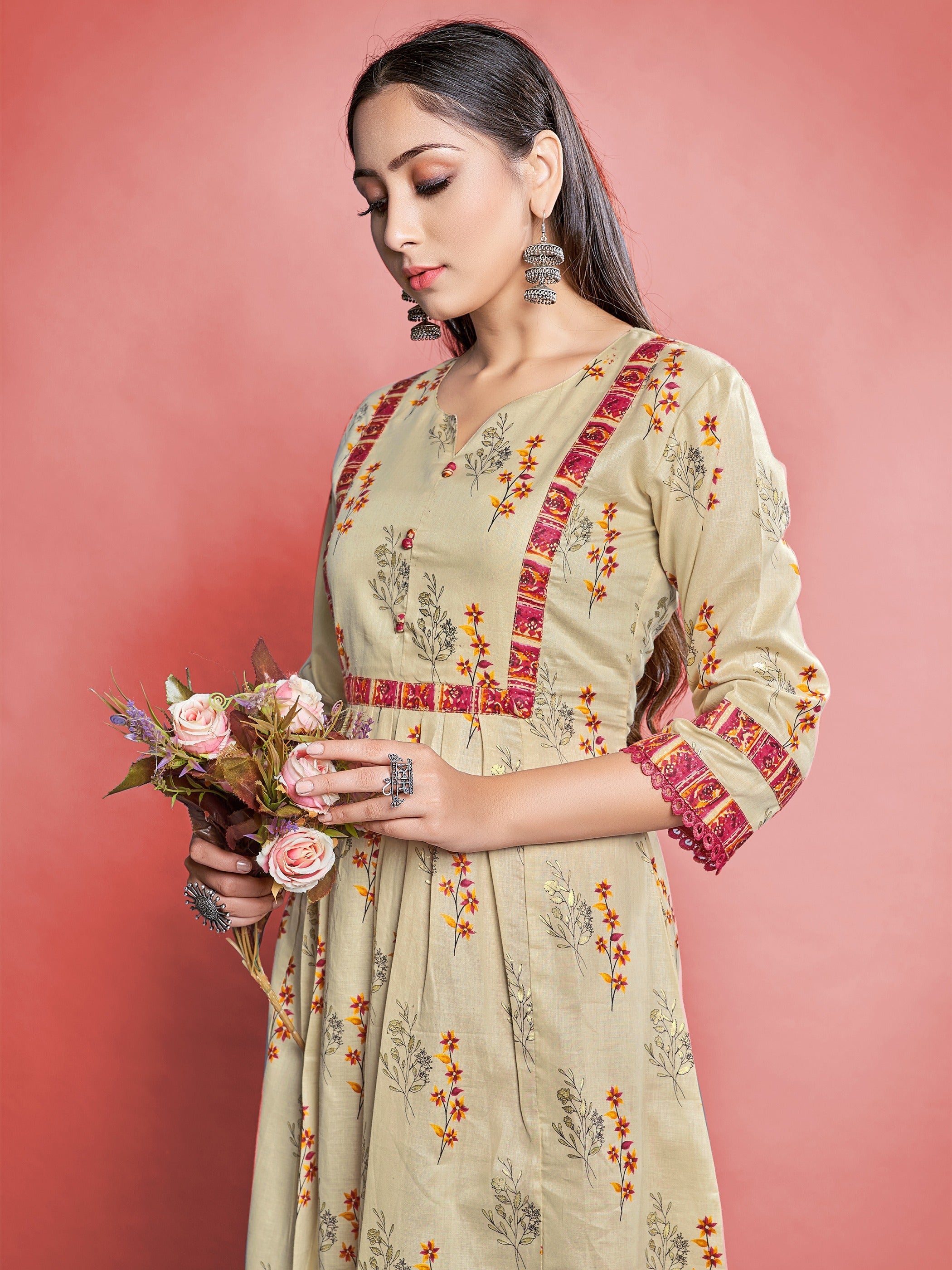 Red Color Printed Cotton Kurti With Pant For Women