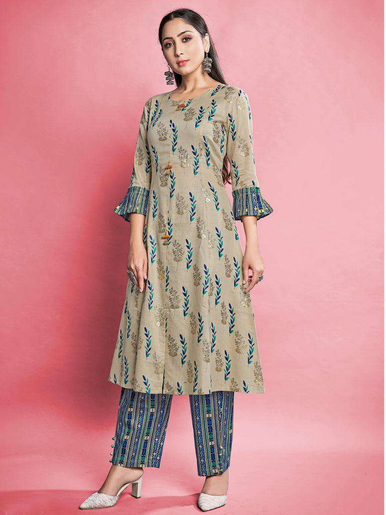 Yellow Color Printed Cotton Kurti With Pant For Women