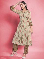 Grey Color Printed Cotton Kurti With Pant For Women