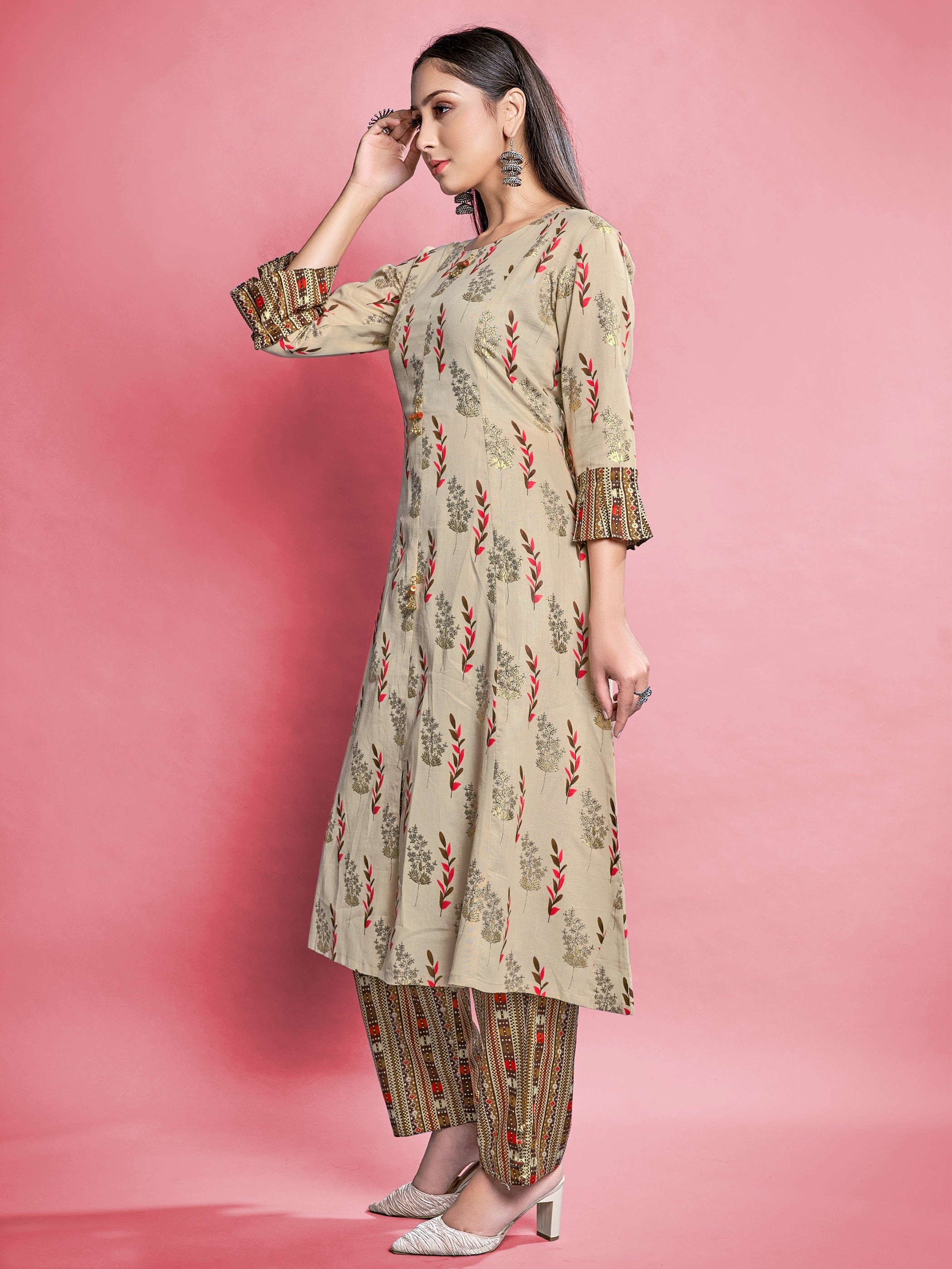 Grey Color Printed Cotton Kurti With Pant For Women