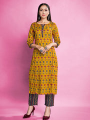 Mustard Color Foil Printed Rayon Kurti With Pant For Women