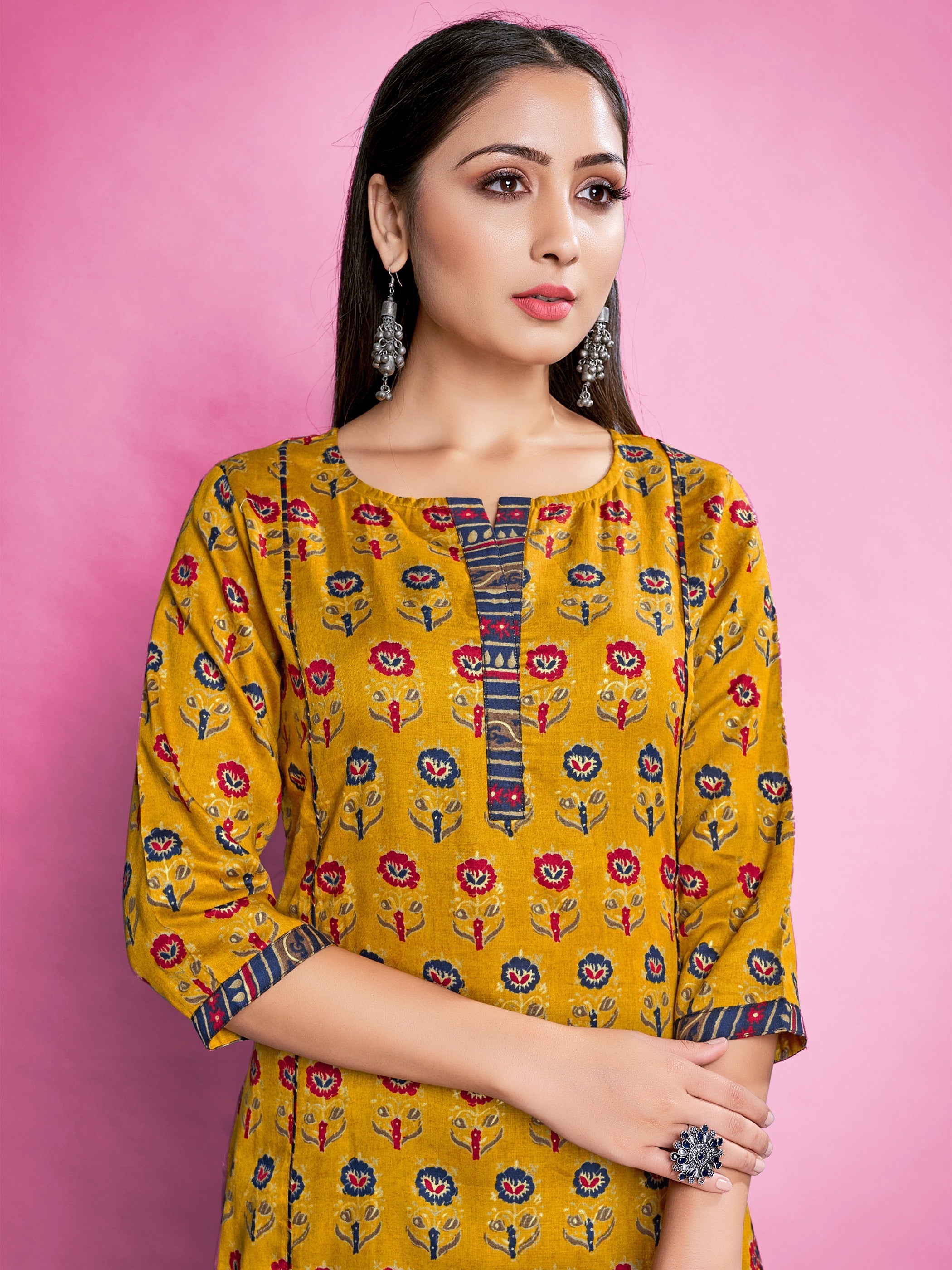 Mustard Color Foil Printed Rayon Kurti With Pant For Women