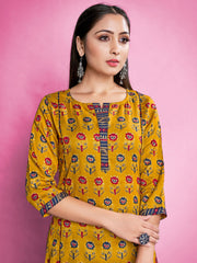 Mustard Color Foil Printed Rayon Kurti With Pant For Women