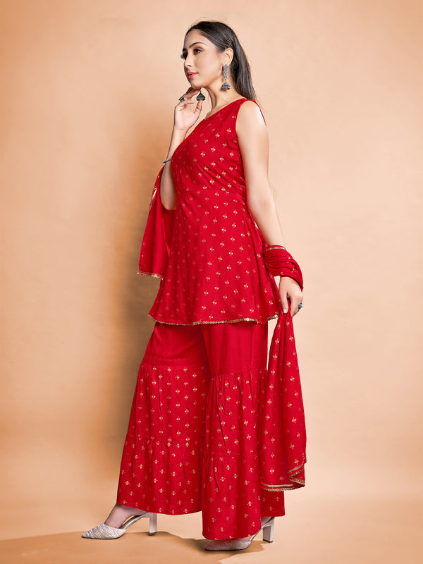Red Color Foil Printed Rayon Kurti With Plazzo And Dupatta For Occasion