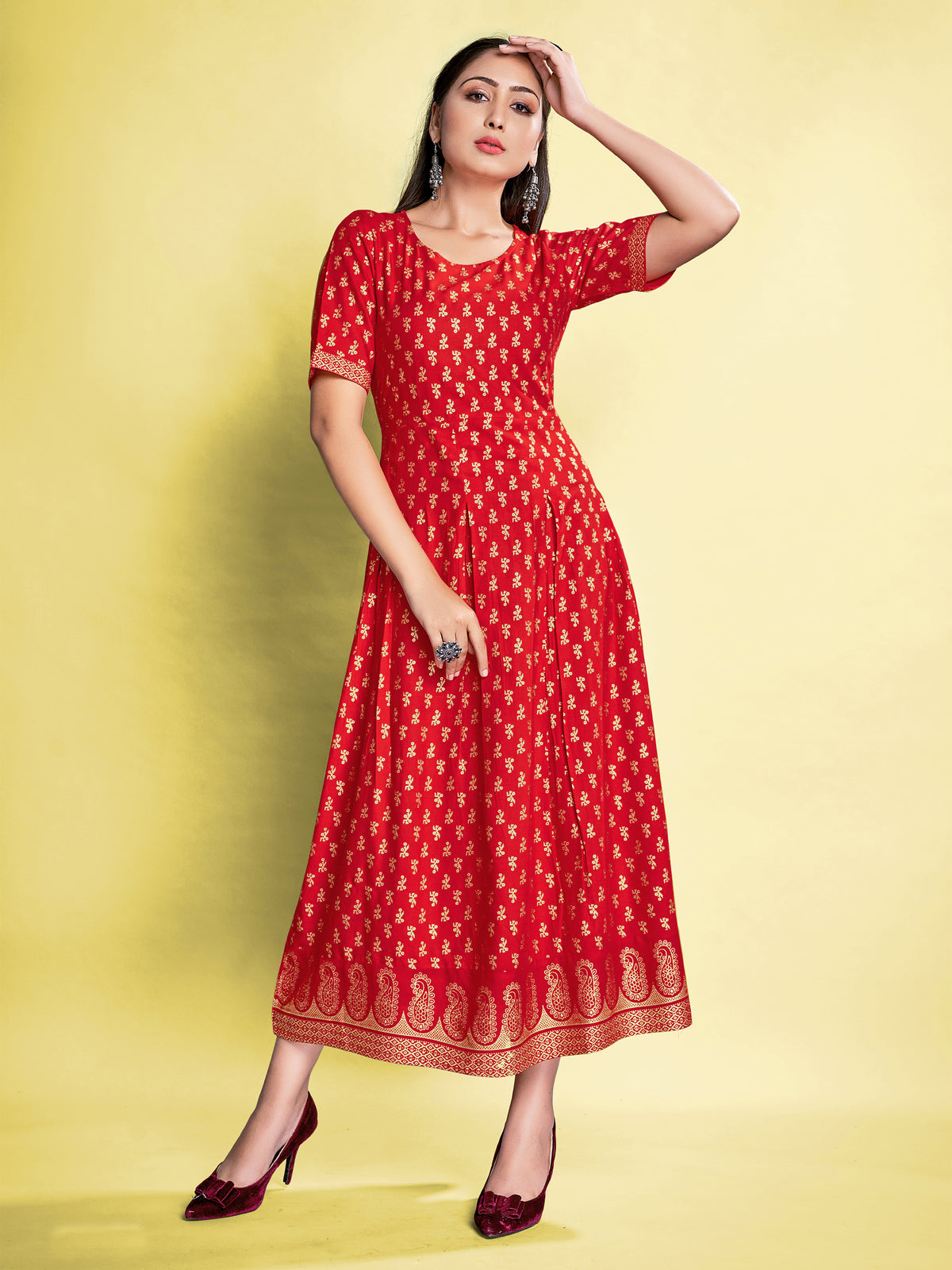 Red Color Foil Printed Rayon Long Dress For Festival