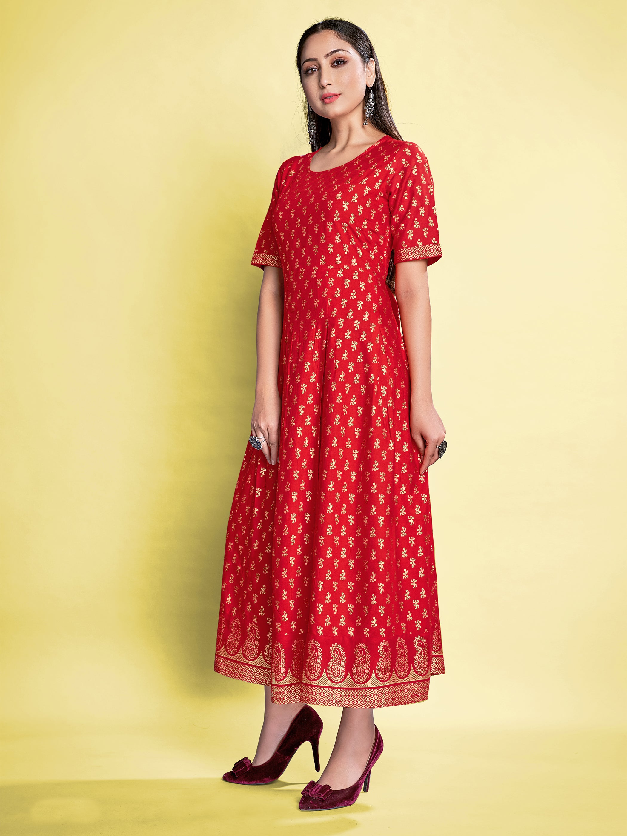 Red Color Foil Printed Rayon Long Dress For Festival