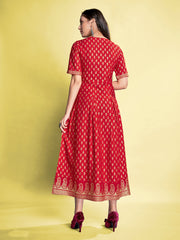 Red Color Foil Printed Rayon Long Dress For Festival