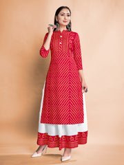 Red Color Foil Printed Rayon Kurti With Skirt For Festival