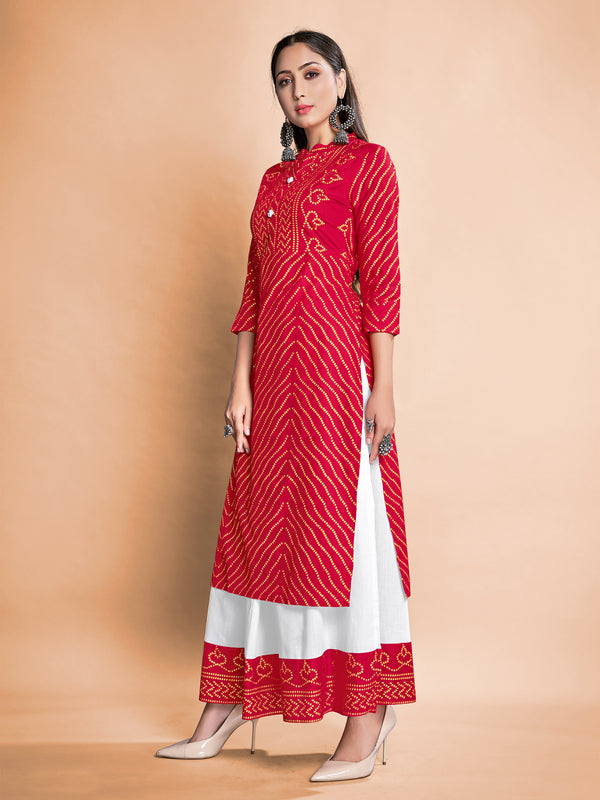 Red Color Foil Printed Rayon Kurti With Skirt For Festival