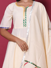 Off White Color Lace Work Rayon Kurti With Plazzo And Dupatta For Engagement