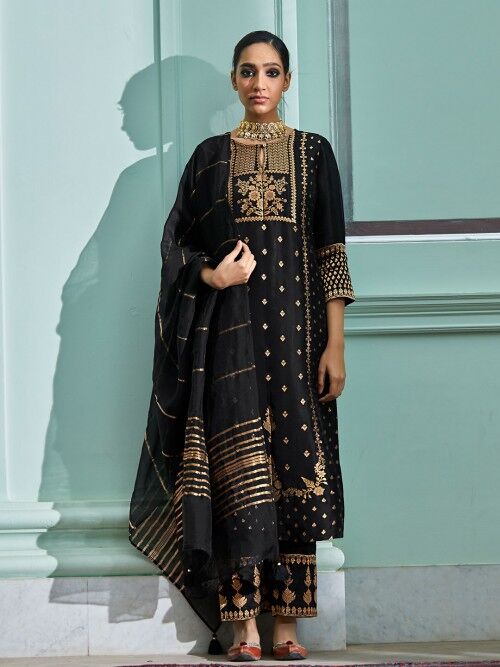 Black Color Woven Art Silk Kurti With Pant And Dupatta For Engagement