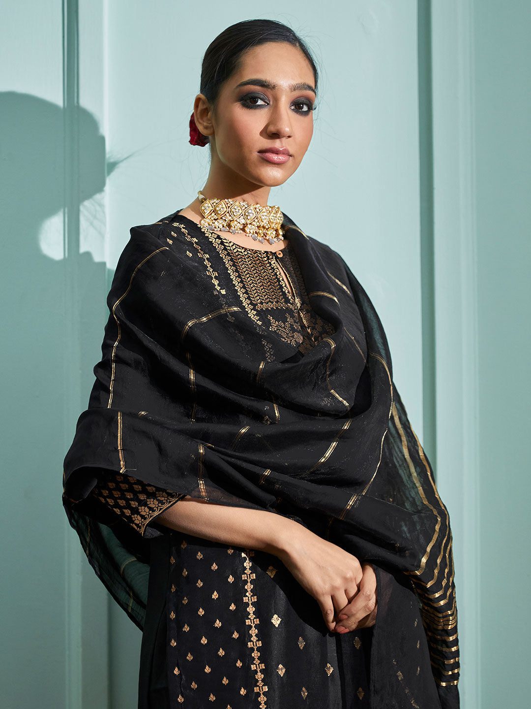 Black Color Woven Art Silk Kurti With Pant And Dupatta For Engagement