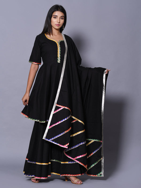 Black Color Lace Work Rayon Kurti With Plazzo And Dupatta For Engagement