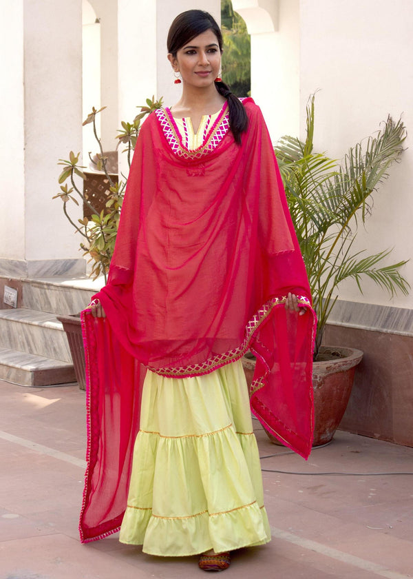 Lime Green Color Lace Work Rayon Kurti With Plazzo And Dupatta For Sangeet