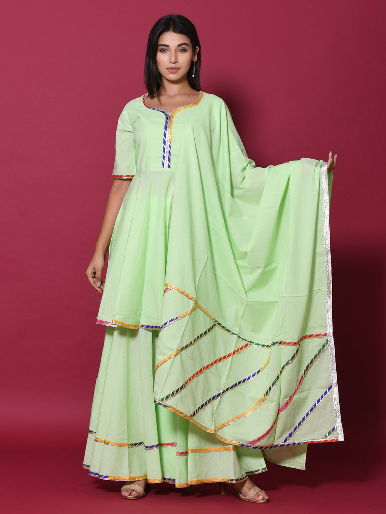 Lime Green Color Lace Work Rayon Kurti With Plazzo And Dupatta For Sangeet