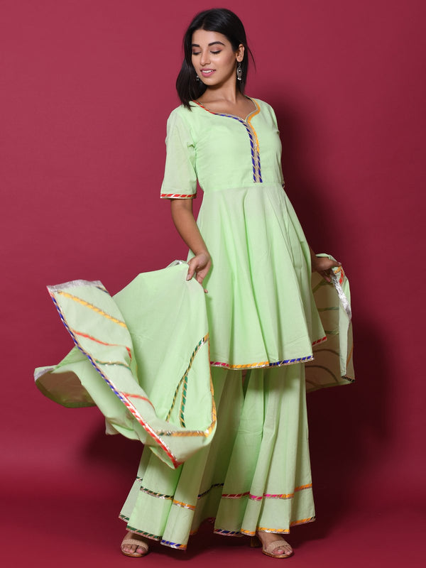 Lime Green Color Lace Work Rayon Kurti With Plazzo And Dupatta For Sangeet