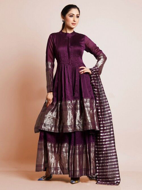 Wine Color Woven Art Silk Kurti With Plazzo And Dupatta For Sangeet