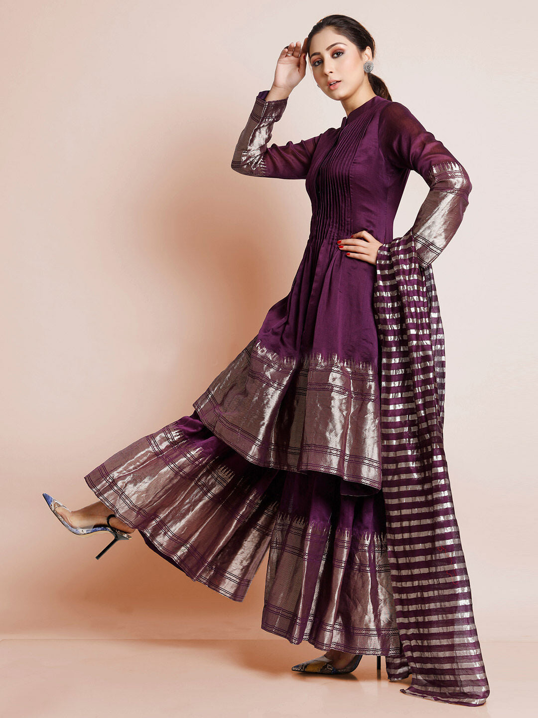 Wine Color Woven Art Silk Kurti With Plazzo And Dupatta For Sangeet