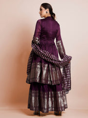 Wine Color Woven Art Silk Kurti With Plazzo And Dupatta For Sangeet