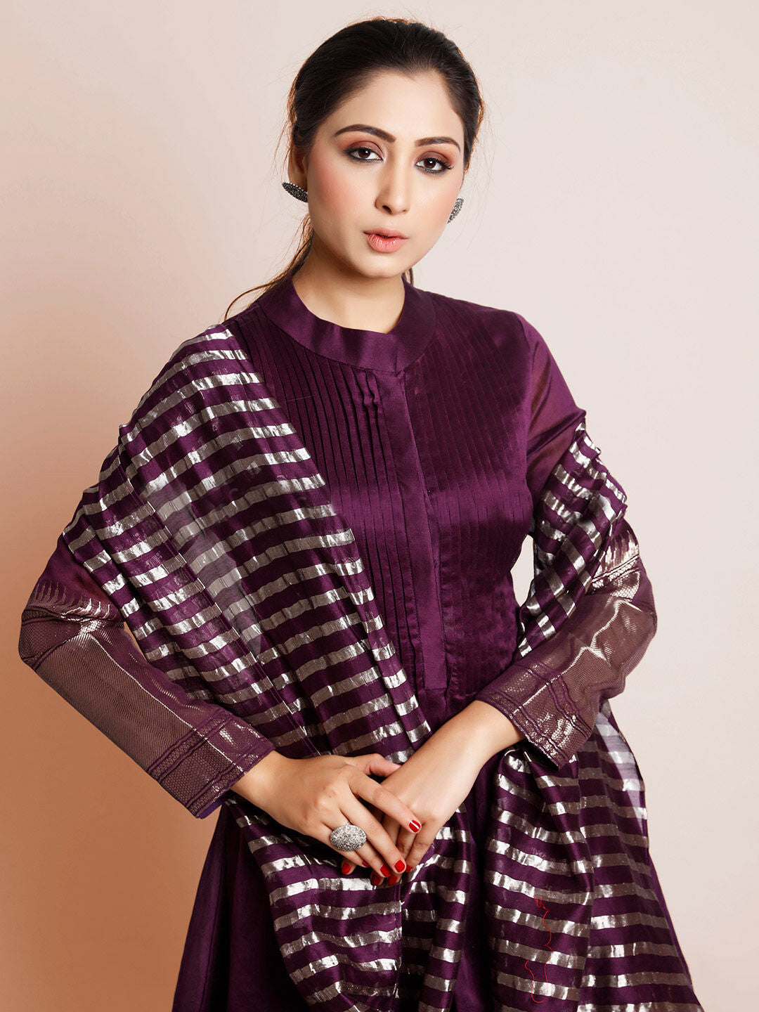 Wine Color Woven Art Silk Kurti With Plazzo And Dupatta For Sangeet