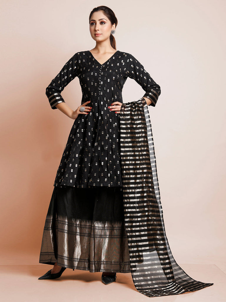 Black Color Woven Art Silk Kurti With Plazzo And Dupatta For Engagement