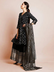 Black Color Woven Art Silk Kurti With Plazzo And Dupatta For Engagement