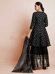 Black Color Woven Art Silk Kurti With Plazzo And Dupatta For Engagement