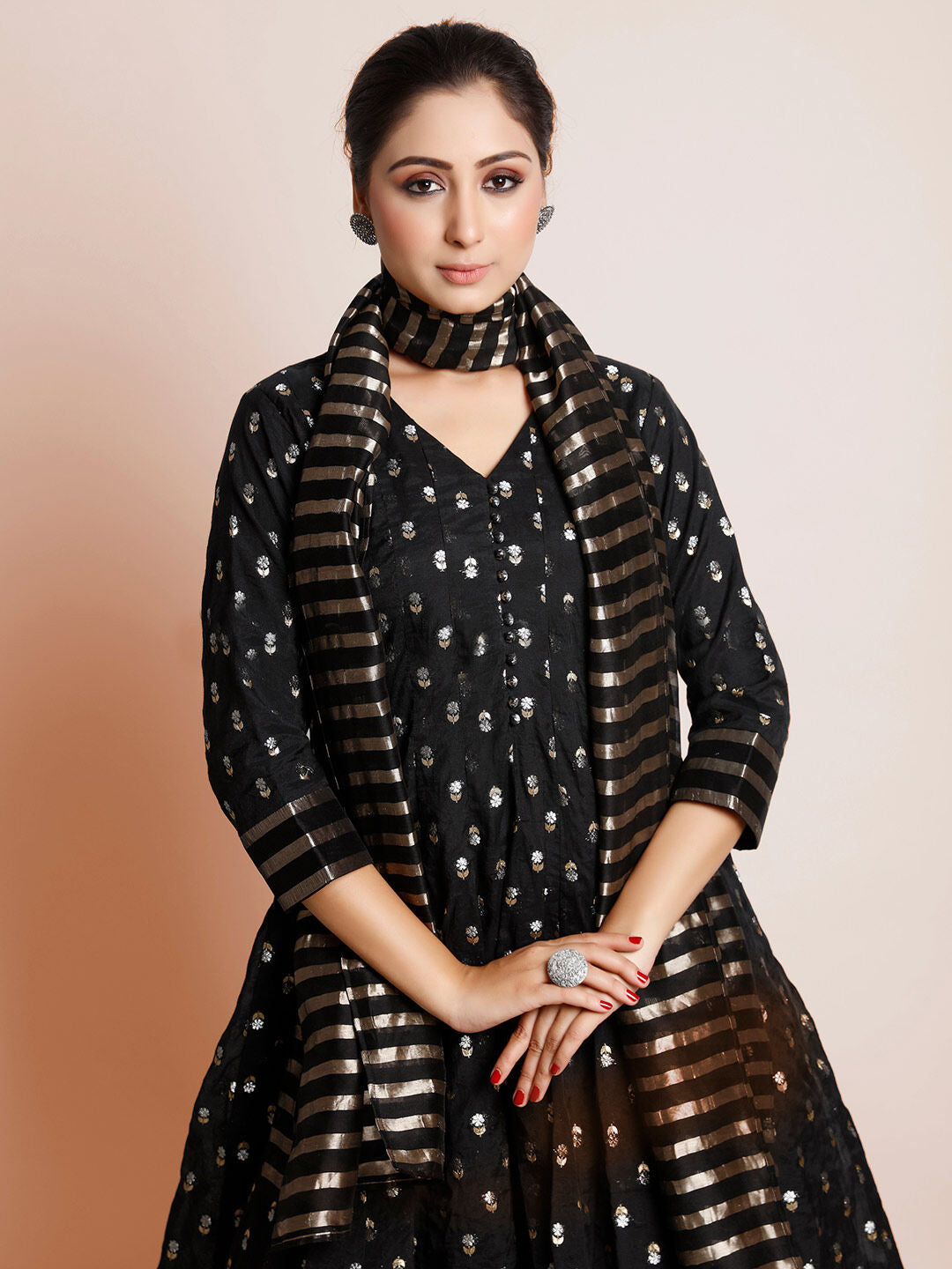 Black Color Woven Art Silk Kurti With Plazzo And Dupatta For Engagement