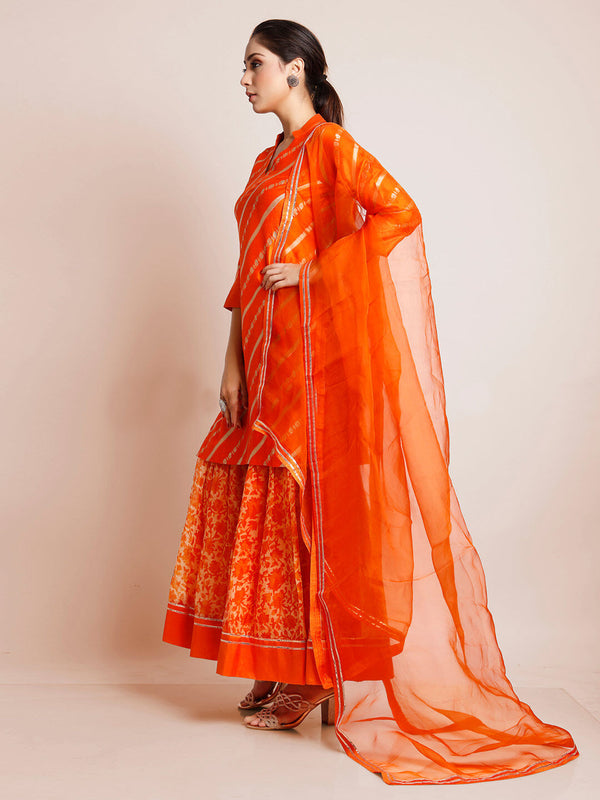 Orange Color Woven Art Silk Kurti With Plazzo And Dupatta For Engagement