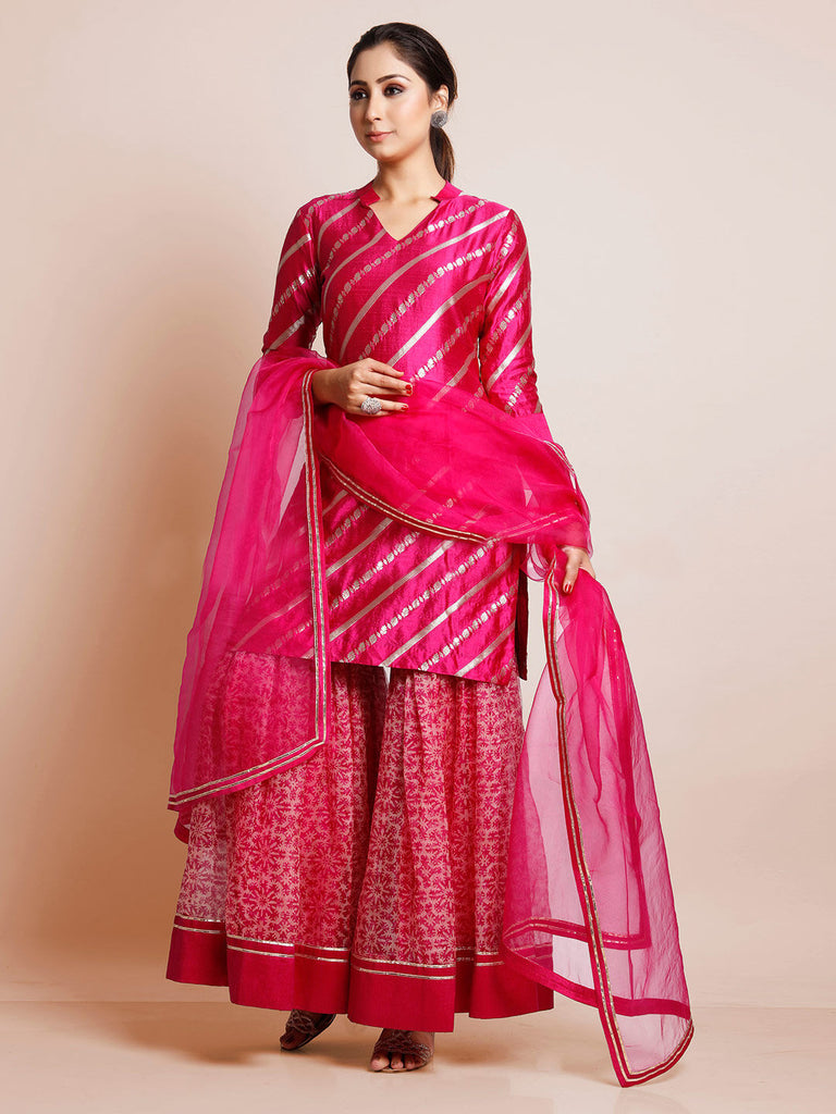 Pink Color Woven Art Silk Kurti With Plazzo And Dupatta For Engagement