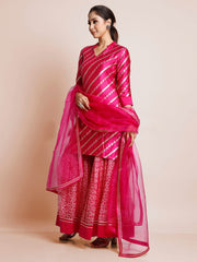 Pink Color Woven Art Silk Kurti With Plazzo And Dupatta For Engagement