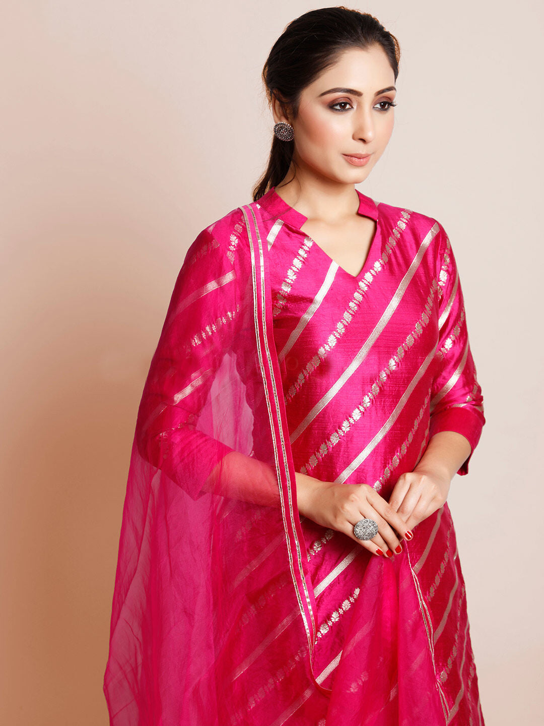 Pink Color Woven Art Silk Kurti With Plazzo And Dupatta For Engagement