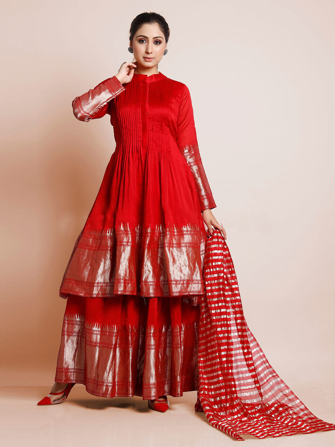 Red Color Woven Art Silk Kurti With Plazzo And Dupatta For Engagement