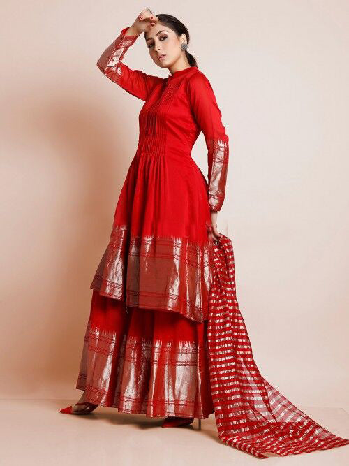 Red Color Woven Art Silk Kurti With Plazzo And Dupatta For Engagement