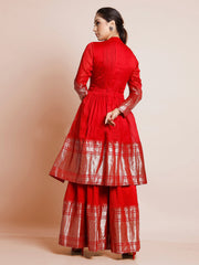 Red Color Woven Art Silk Kurti With Plazzo And Dupatta For Engagement