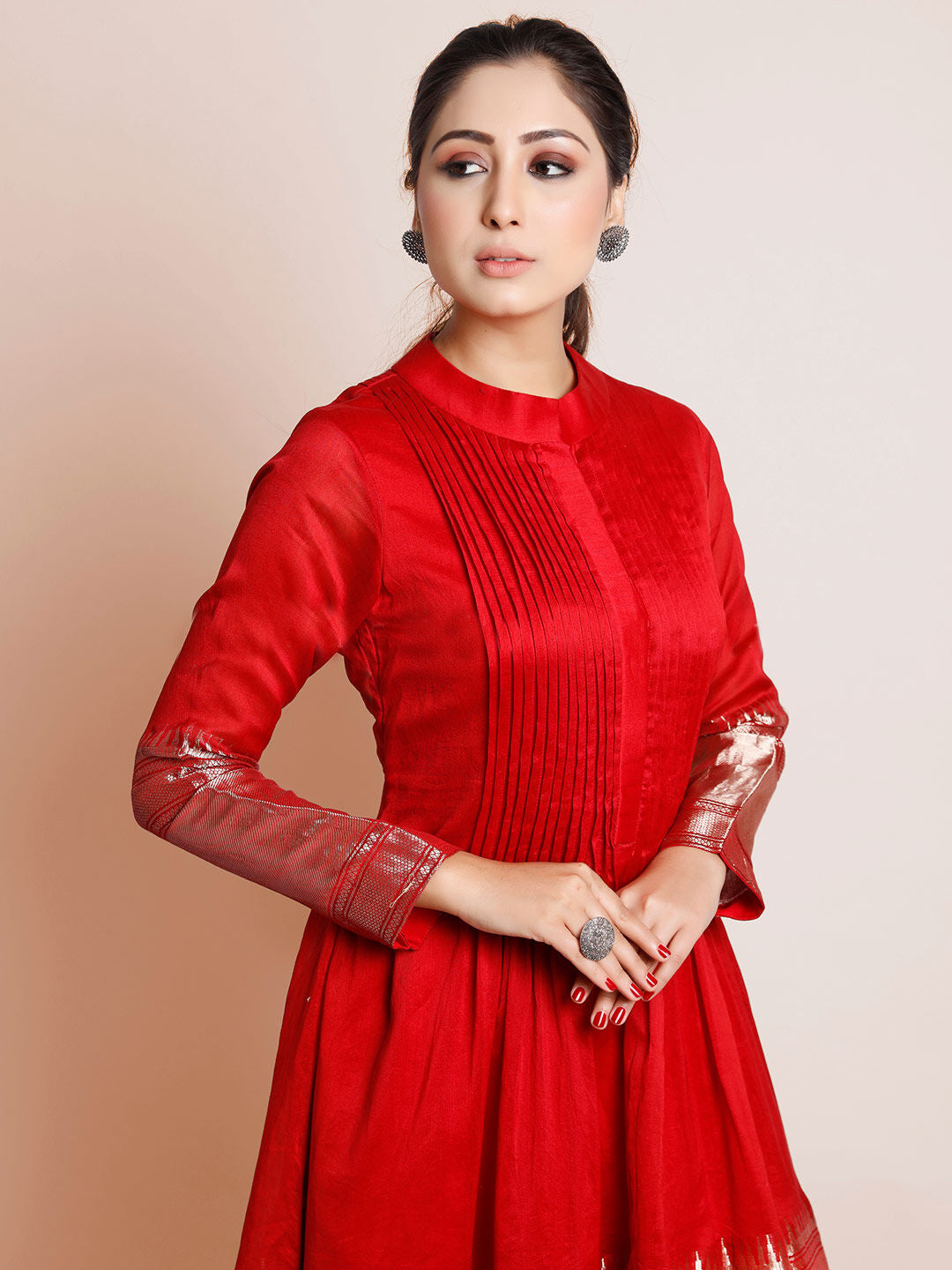 Red Color Woven Art Silk Kurti With Plazzo And Dupatta For Engagement