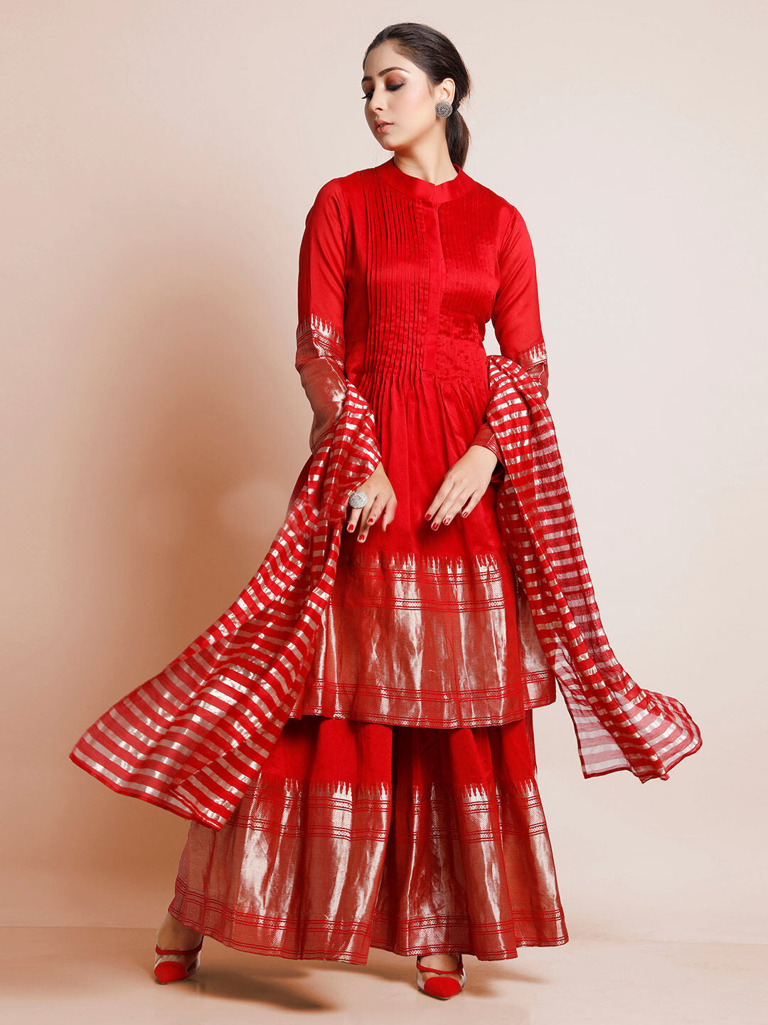 Red Color Woven Art Silk Kurti With Plazzo And Dupatta For Engagement