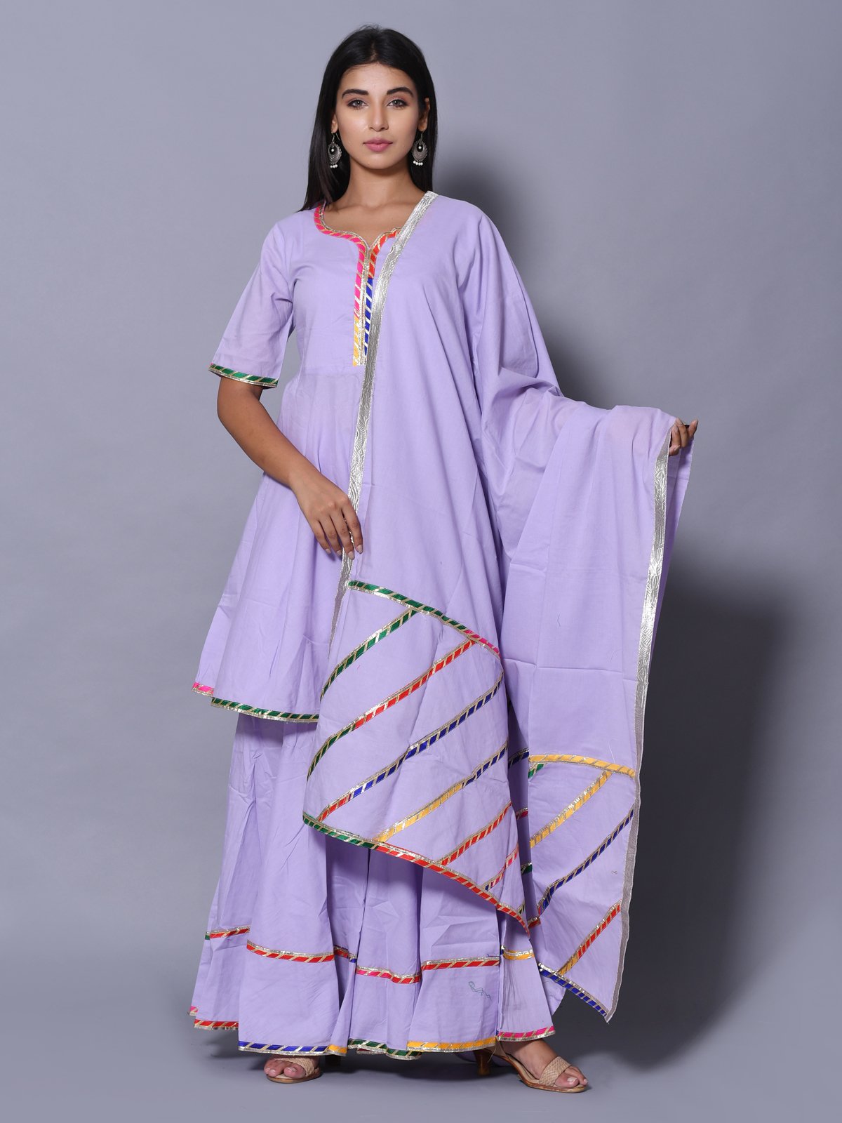 Purple Color Lace Work Rayon Kurti With Plazzo And Dupatta For Engagement