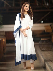 White Color Solid Rayon Kurti With Pant And Dupatta For Festival