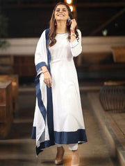 White Color Solid Rayon Kurti With Pant And Dupatta For Festival