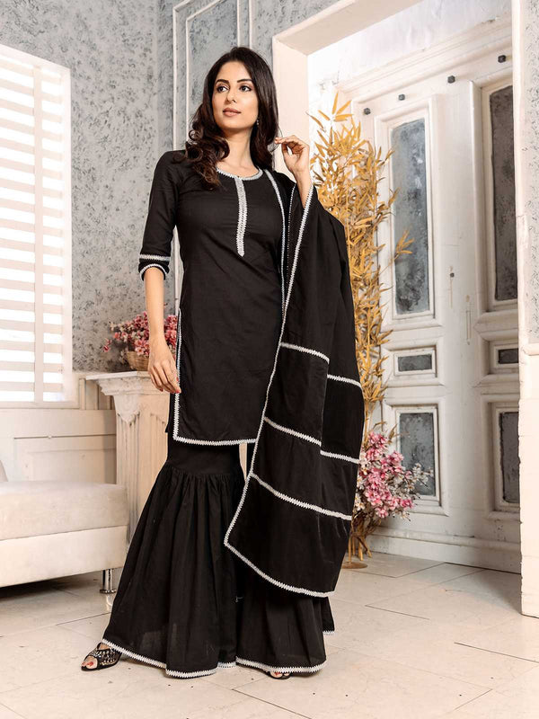Black Color Lace Work Rayon Kurti With Plazzo And Dupatta For Reception