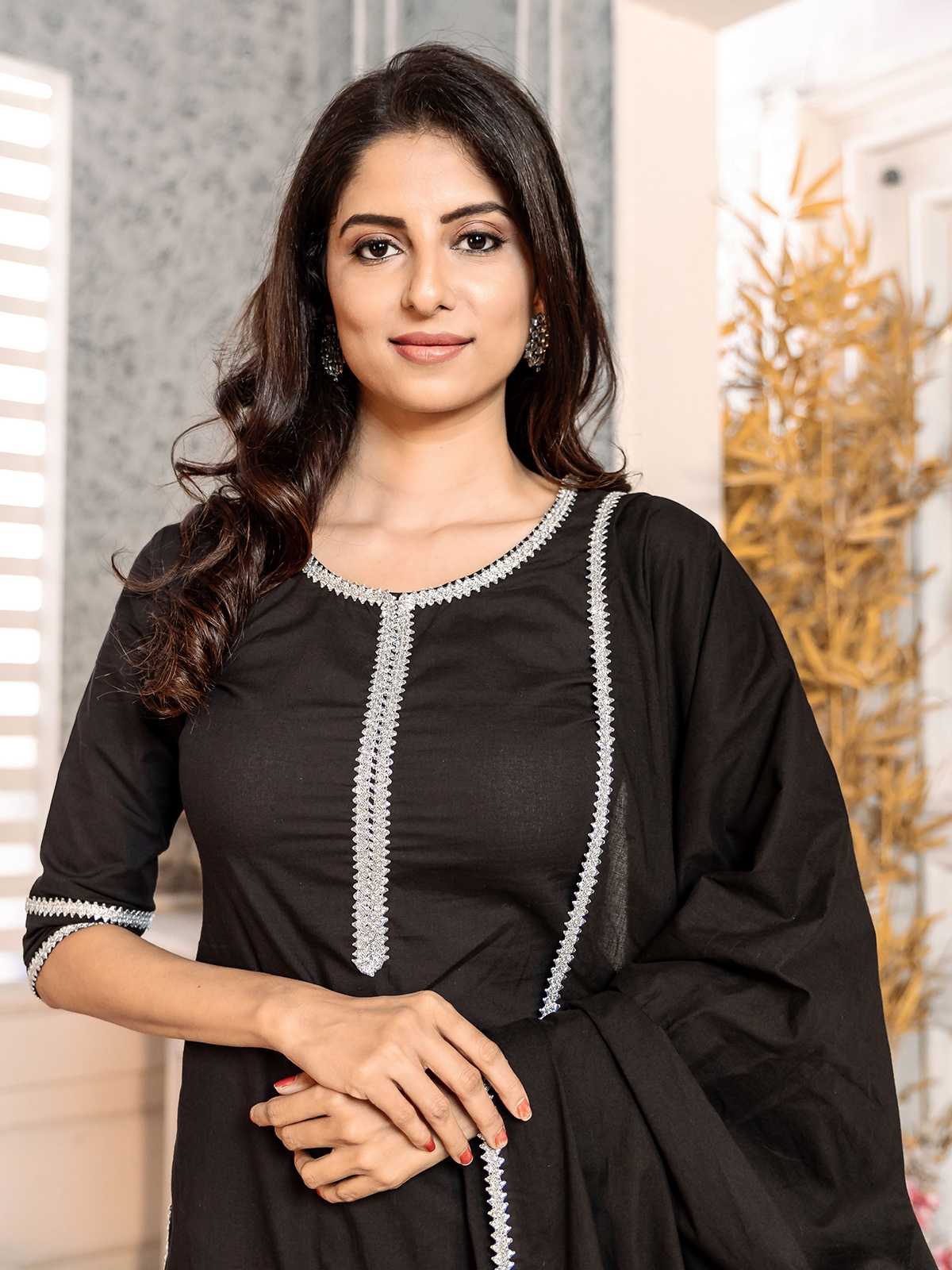 Black Color Lace Work Rayon Kurti With Plazzo And Dupatta For Reception